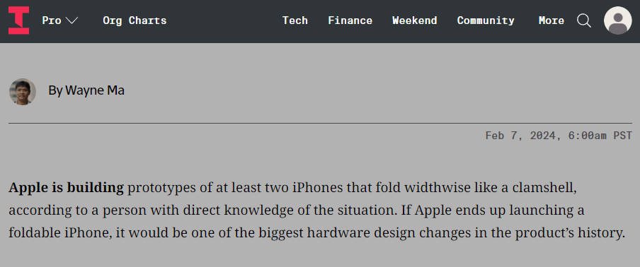 消息称苹果正制造可折叠 iPhone 手机：至少两款原型机，处于早期开发阶段